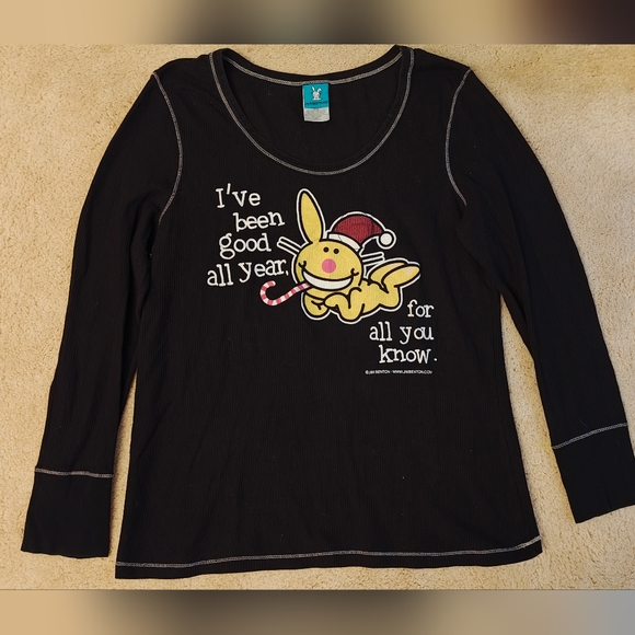 Y2K Plus Size Jim Henson Happy Bunny X-mas Waffle Knit Henley Long Sleeve Shirt - Picture 1 of 9